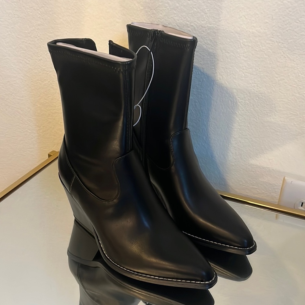 Black basic square block heel booties, brand new with original tags